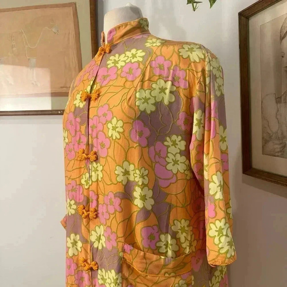 Vintage 1970s Mandarin Floral Tunic Dress Bold Orange Retro Print hippy flower - Picture 3 of 7